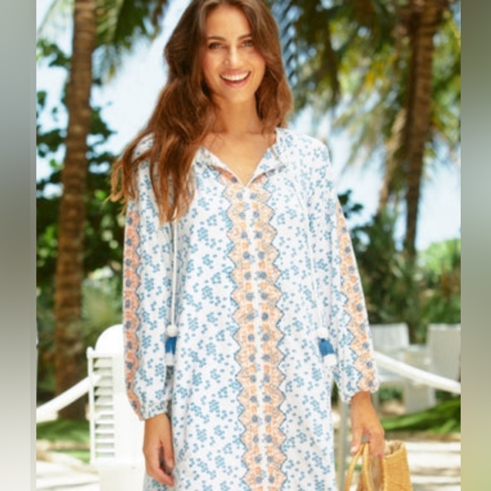 Cabana Life Sag Harbour SPF 50+ Women's Blue and Coral Patterned Swim Cover-Up